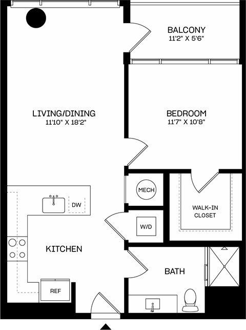 A black and white image of a floor plan for a small apartment.